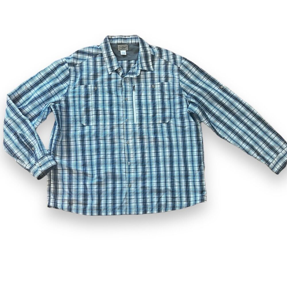 L.L. Bean Shirt Mens XXL Blue Plaid Outdoor Fishing Vented  Pockets Outdoor